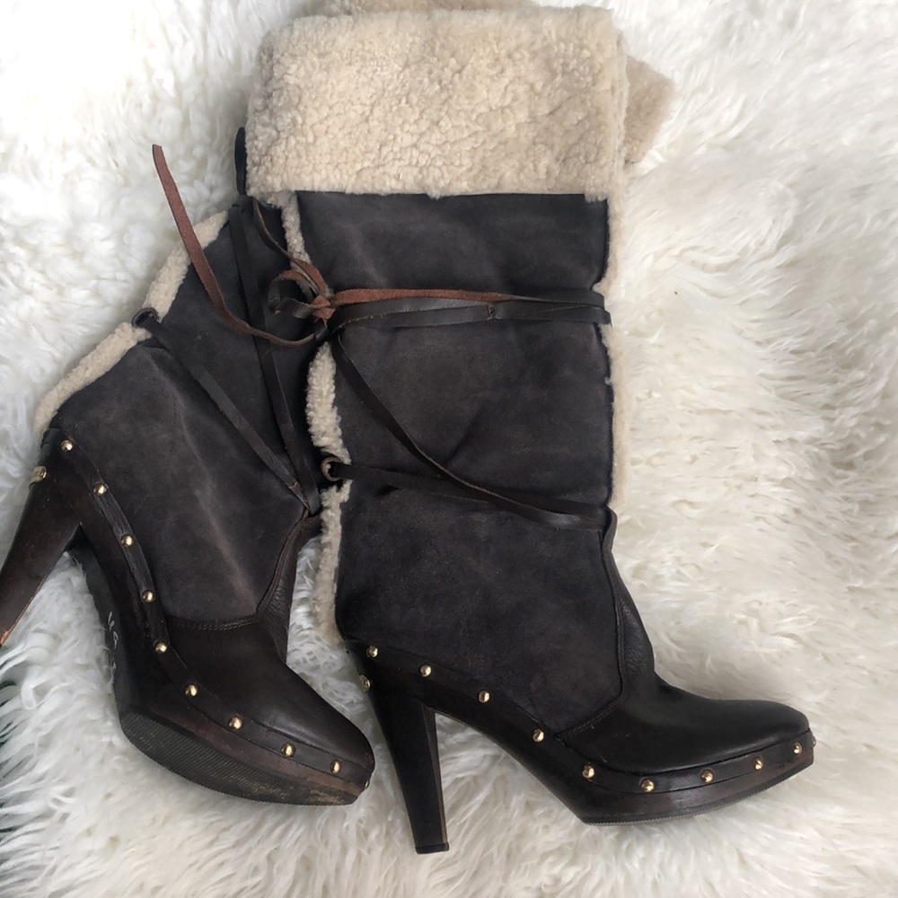 Michael Kors Shearling Fur Leather Studded Platform Clog Boots - Picture 2 of 9